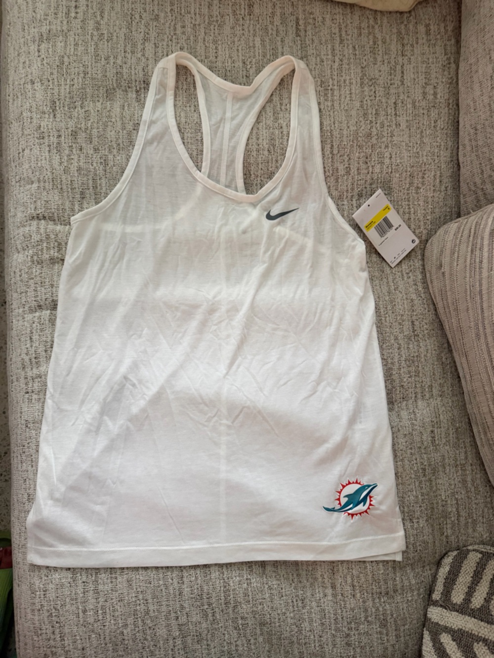 Nike White Racerback Tank with Teal & Orange Dolphins Logo